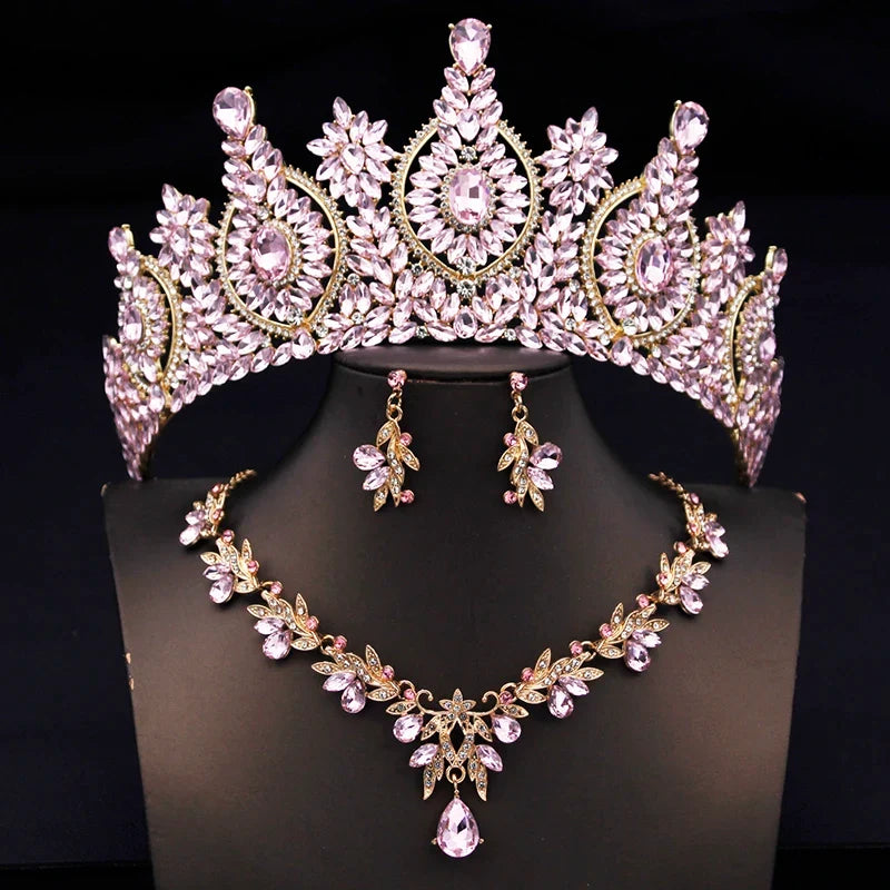 Rhinestone Bridal Tiara Jewelry Set - Wedding Crown with Necklace and Earrings for Women