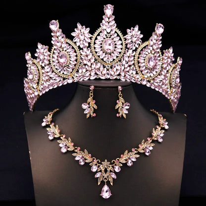 Rhinestone Bridal Tiara Jewelry Set - Wedding Crown with Necklace and Earrings for Women