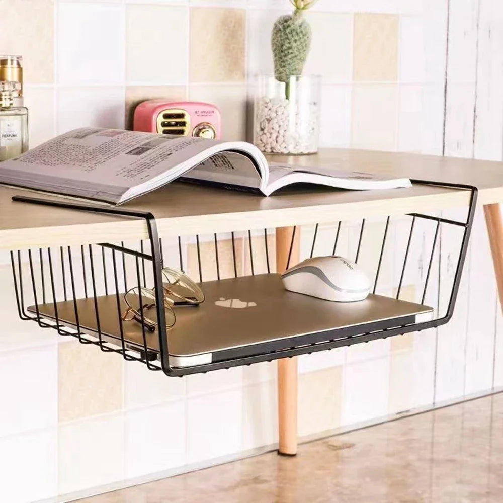 Metal Iron Kitchen Organizer Shelf - Cabinet Storage Rack with Hanging Mesh Basket for Desk, Wardrobe, and More