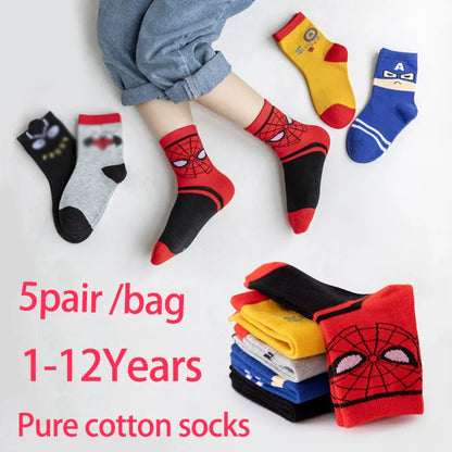 5 Pairs Children’s Spider-Man Socks – Cute Cartoon Cotton Medium Tube Socks for Boys & Girls (Ages 1-12)