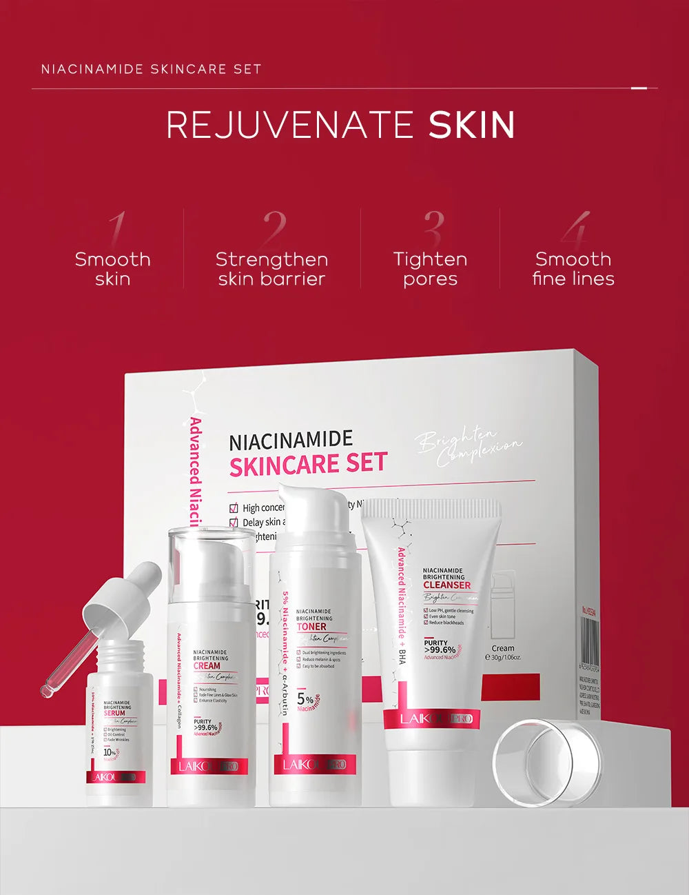 Niacinamide Skin Care Set – Oil Control, Anti-Wrinkle & Whitening Face Serum, Cream, Toner 4-Piece Kit