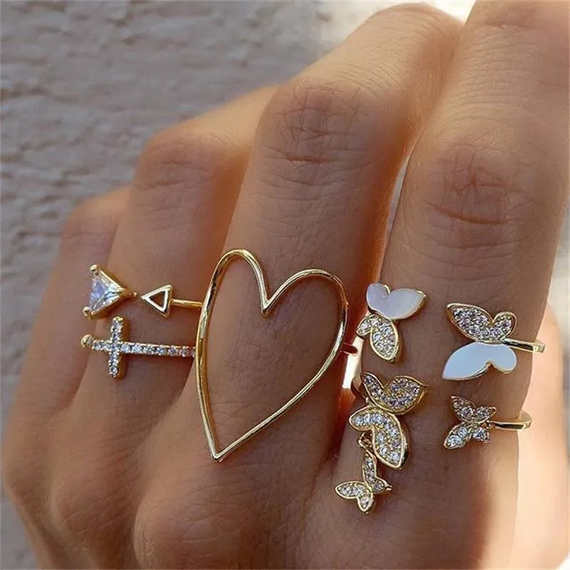 Women’s Silver Crystal Ring Set – Cubic Zirconia Moon, Arrow, Flower & Heart Wedding Fashion Jewelry