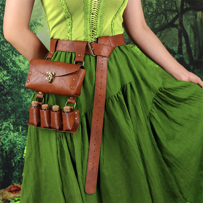 Renaissance Leather Cosplay Belt – Medieval Wizard Waist Bag with Alchemy Bottle, Cork Stopper & Copper Coin