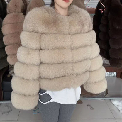 QUEENTINA Women’s Real Fox Fur Coat – Brown Leather & Skin Winter Fashion Outerwear 2025