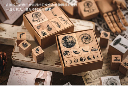 Yoofun 7-Piece Vintage Moon & Plant Wooden Stamps — Rubber Stamps for Scrapbooking, DIY Craft & Stationery