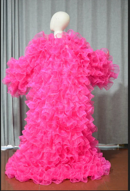 Layered Organza Long Jacket — Puffy Full Sleeve Cape Vest Outfit for Party, Fashion, Stage & Drag Queen Costume