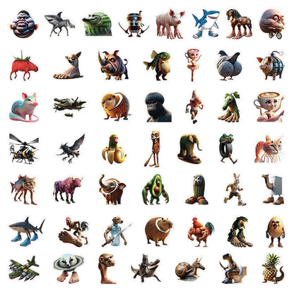 50Pcs Abstract Animal Stickers - Cartoon DIY Decals for Luggage, Phone, Cups, Guitar and More