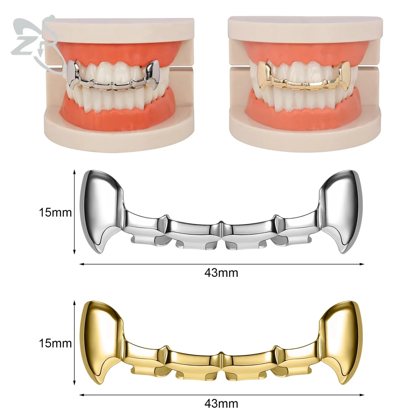 ZS Hip Hop Grillz – Silver/Gold Plated CZ Crystal Cross & Rose Star Tooth Cap, Top & Bottom Set