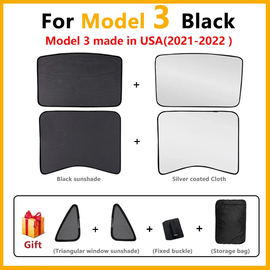 Split Sunshade for Tesla Model 3 (2017-2023) & Model Y – Front & Rear Sunroof Windshield Skylight Glass Roof Cooling Shade