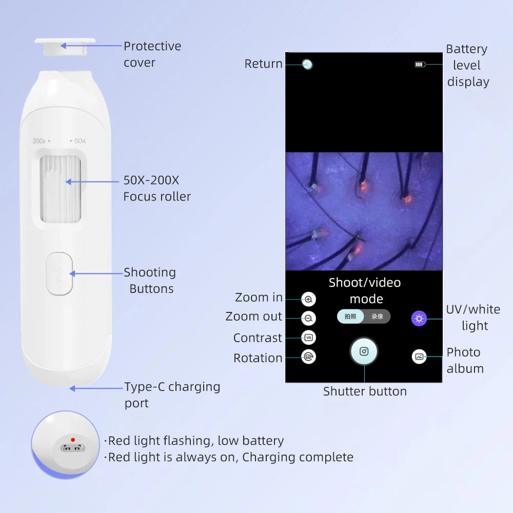 50X–200X Hair Follicle & Scalp Analyzer Microscope – High Definition Skin Detector with App Support Wireless Skin Testing Tool