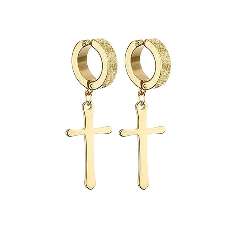 Gold Cross Huggie Hoop Earrings - Minimalist Dangle Charm Jewelry for Men & Women