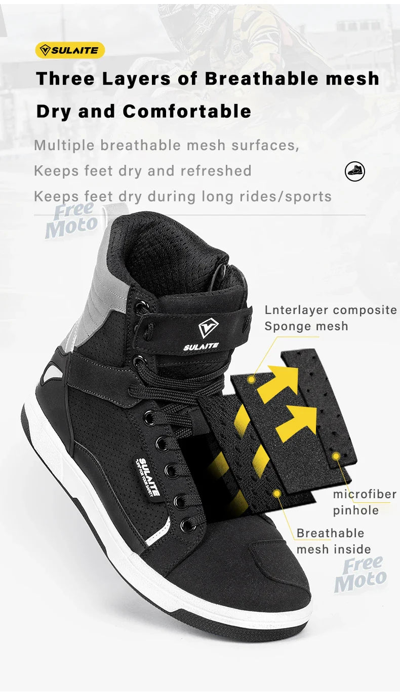 Men’s Motorcycle Boots - Breathable Anti-Fall, Road Racing Rider Shoes with Gear Shift Rubber Sole, Reflective Motorbike Boots