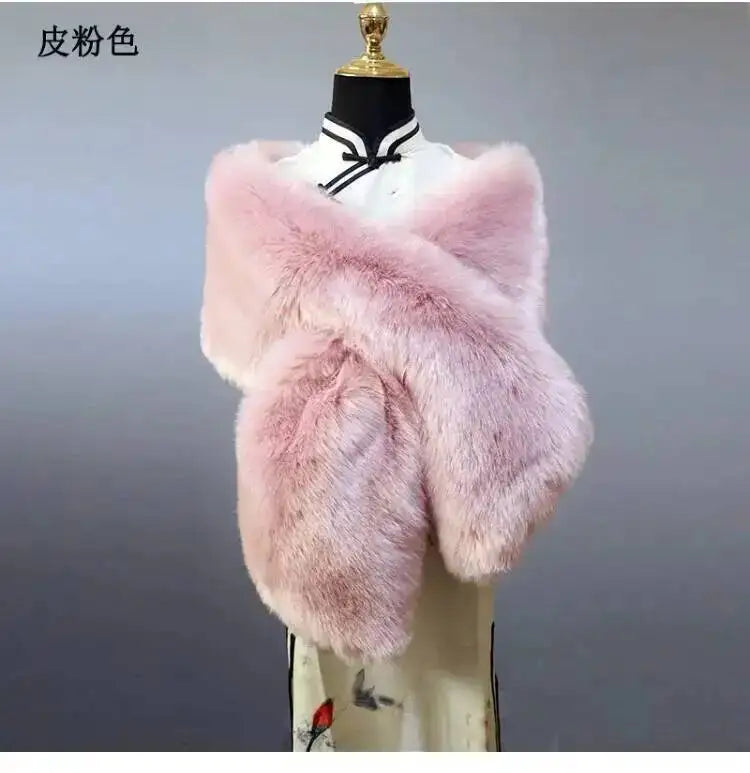 32-Color Luxury Faux Fox Fur Shawl – Women’s Plush Winter Scarf, Wrap & Cape for Wedding & Coat