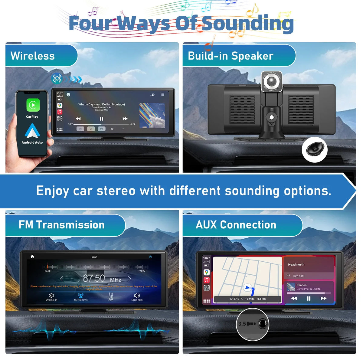 Portable Wireless CarPlay Car Stereo 10.26-Inch HD Touchscreen - Android Auto, Mirror Link & Backup Camera Support