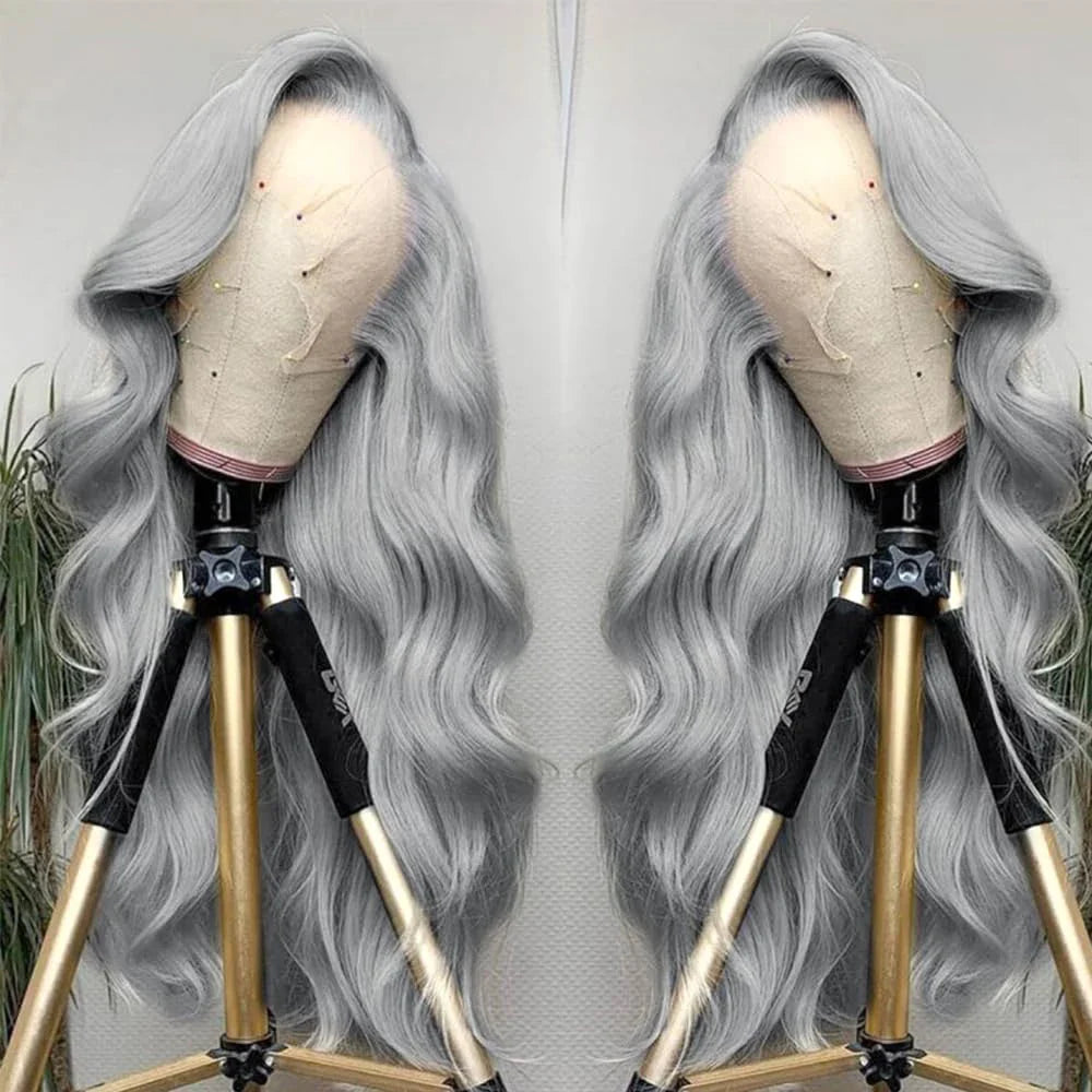 13x6 Silver Grey Body Wave Lace Front Wig – 100% Human Hair, Preplucked 13x4 Lace Frontal Brazilian Wig, 36 Inch