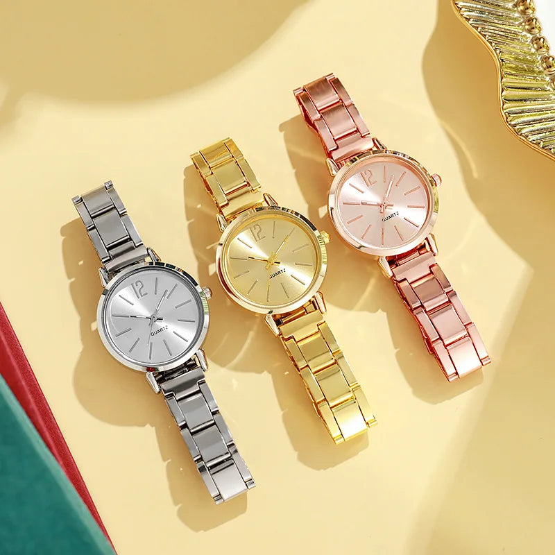 2PCS Set Luxury Women's Watches – Simple Dial, Hollow Strap Gold Bracelet Quartz Wristwatch for Students & Ladies