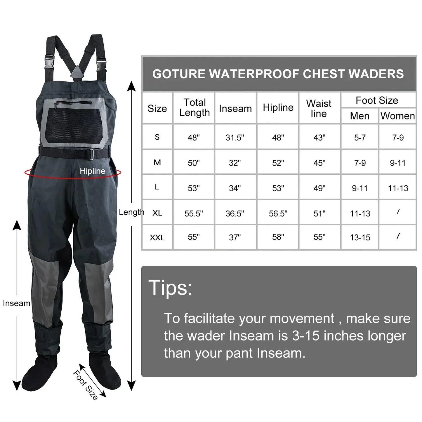 Goture 100% Waterproof Fly Fishing Waders – Breathable Chest Overalls in S, M, L, XL, XXL with Boots