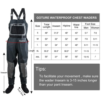 Goture 100% Waterproof Fly Fishing Waders – Breathable Chest Overalls in S, M, L, XL, XXL with Boots