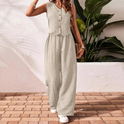 Women’s Summer Cotton Linen Two-Piece Set 2025 – V-Neck Button Vest Top & Casual Trousers Suit Shorts Pants Outfit Set