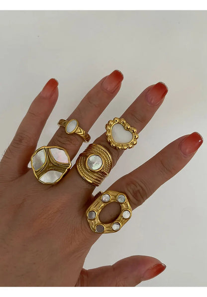 Peri'sbox Elegant Gold Plated Oval Heart Ring – White Mother of Pearl Women’s Waterproof Party Jewelry Gift