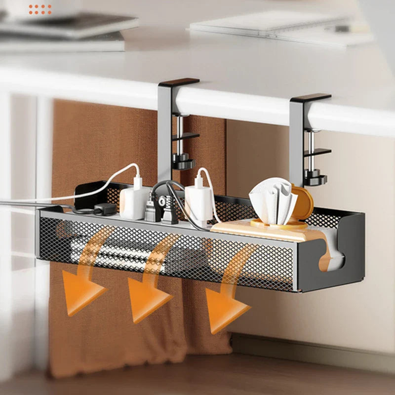 No-Drill Extendable Under Desk Cable Management Tray | Retractable Power Strip & Cord Holder with Clamp