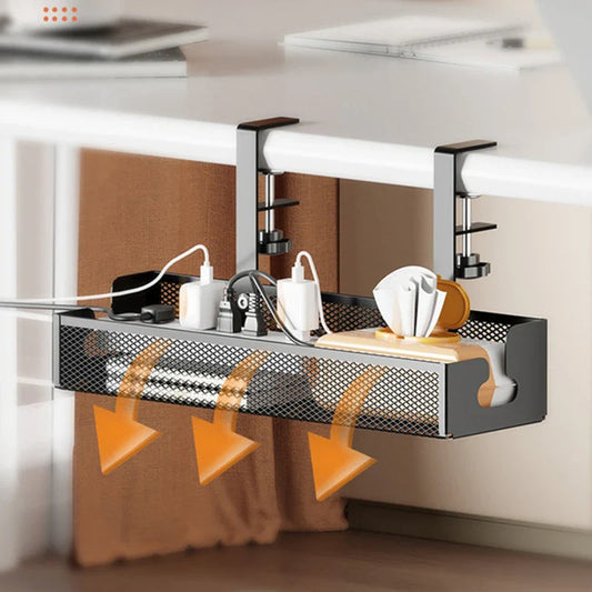 No-Drill Extendable Under Desk Cable Management Tray | Retractable Power Strip & Cord Holder with Clamp