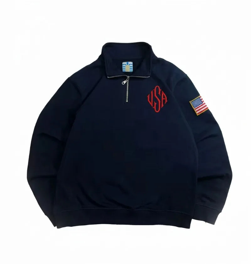 Men’s Y2K American Flag Embroidered Hoodie – Quarter Zip Streetwear Sweatshirt Navy Blue White Patch Sleeve Casual Pullover Sweater
