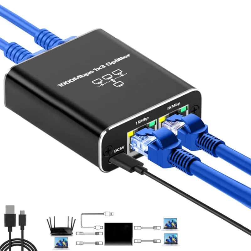 RJ45 Splitter 1-in-2/3/4 Out — 1000Mbps Gigabit Ethernet Network Adapter, Internet Extender & RJ45 8P8C Converter Plug