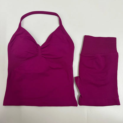 2-Piece Women’s Yoga Set – Seamless Longline Strappy Tank Top & Scrunch Sports Shorts, Summer Workout Gym Outfit