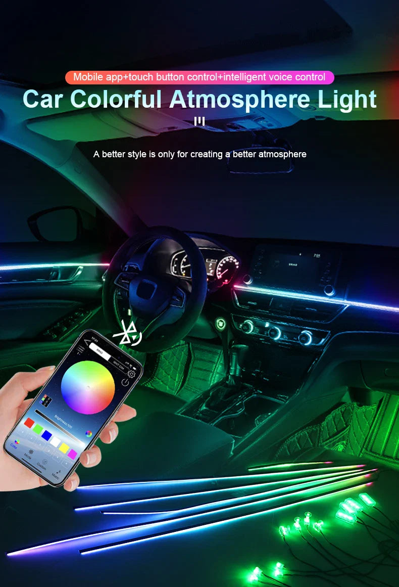 10/14/18-in-1 LED Car Ambient Lights – 213 64 Color RGB Bluetooth Rainbow Acrylic Strips, Atmosphere Lamp Kit 12V