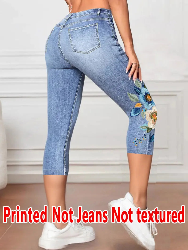 Women's Printed Capri Leggings - Stretchy Casual Cropped Pants