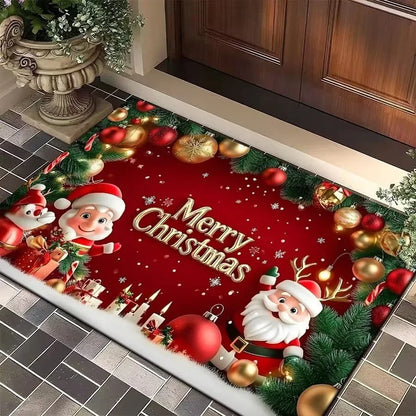 Christmas Festive Entry Door Mat — Santa Claus, Elk & Tree Holiday Anti-Slip Bathroom/Entrance Doormat
