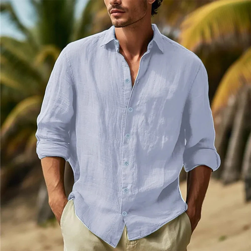 Men’s Cotton Linen Hawaiian Shirt - Lightweight Breathable Turn-Down Collar Casual White Streetwear Top