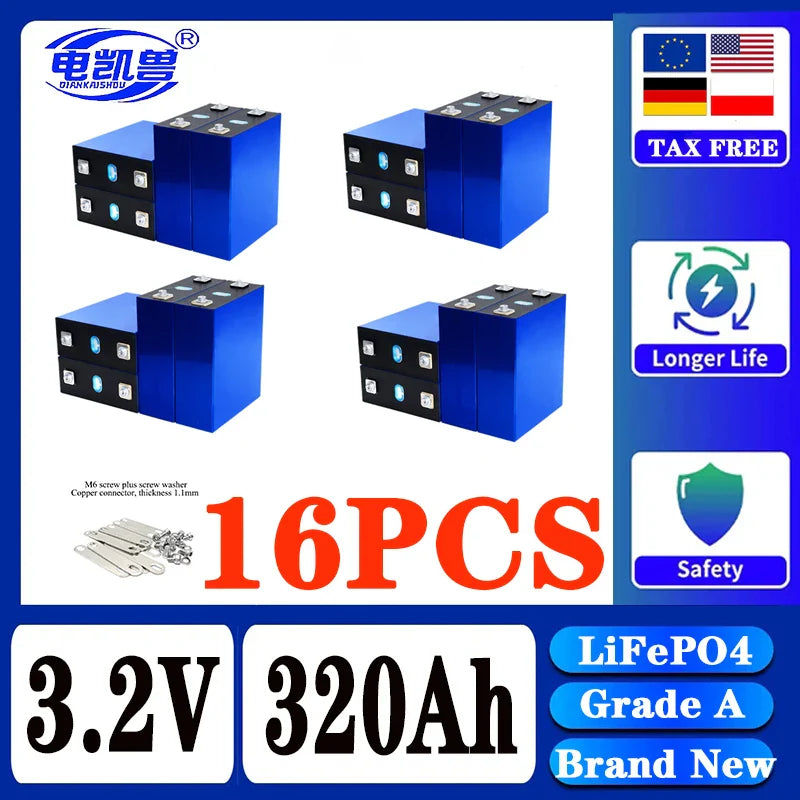 320Ah LiFePO4 3.2V Rechargeable Battery — 8000 Cycles for DIY 12V/24V/48V Caravan, Marine & Solar Energy Systems