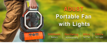 20000mAh / 10000mAh USB Rechargeable Camping Fan — Portable Wireless Air Circulator with 270° Rotating Head & Hook
