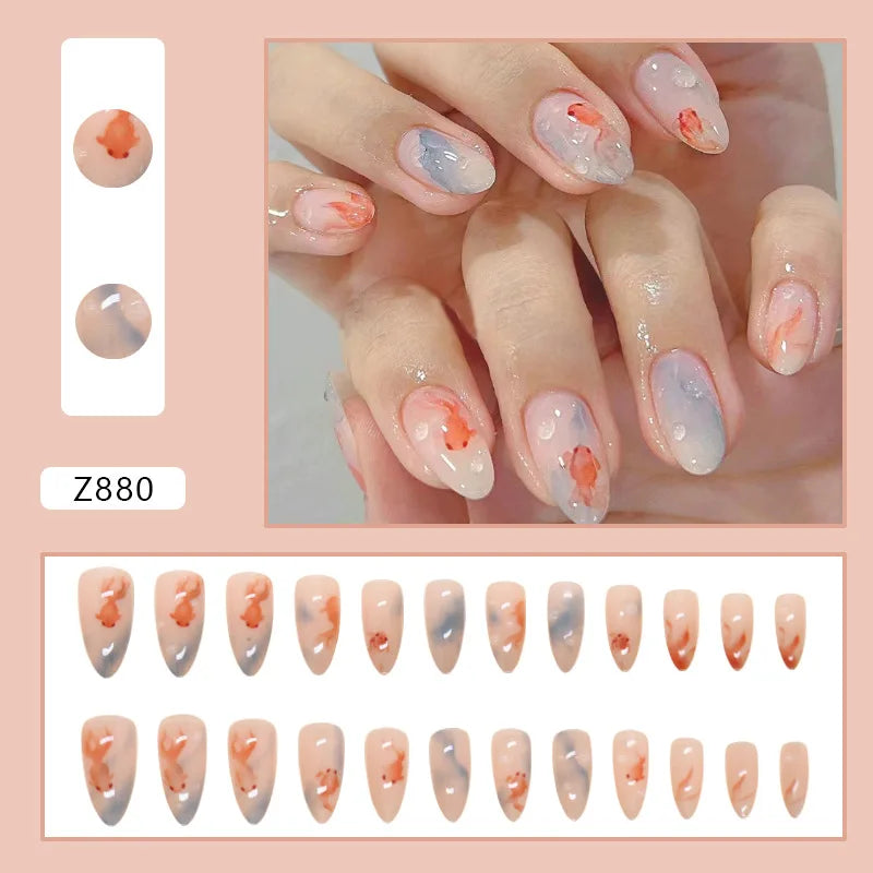 24pcs Goldfish Pattern Almond Press-On Nails – Simple Nude Pink Wearable Detachable False Nail Manicure Set