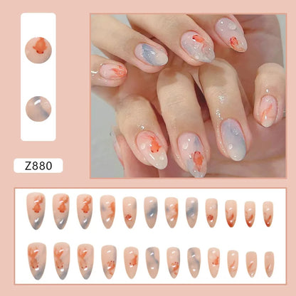 24pcs Goldfish Pattern Almond Press-On Nails – Simple Nude Pink Wearable Detachable False Nail Manicure Set