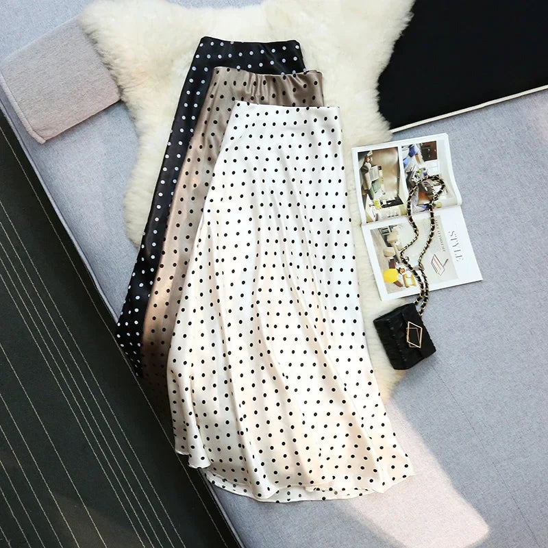 Seoulish Women’s Vintage Polka Dot Satin Mermaid Skirt – High Waist Midi Length Casual Spring Summer Fashion Skirt 2026