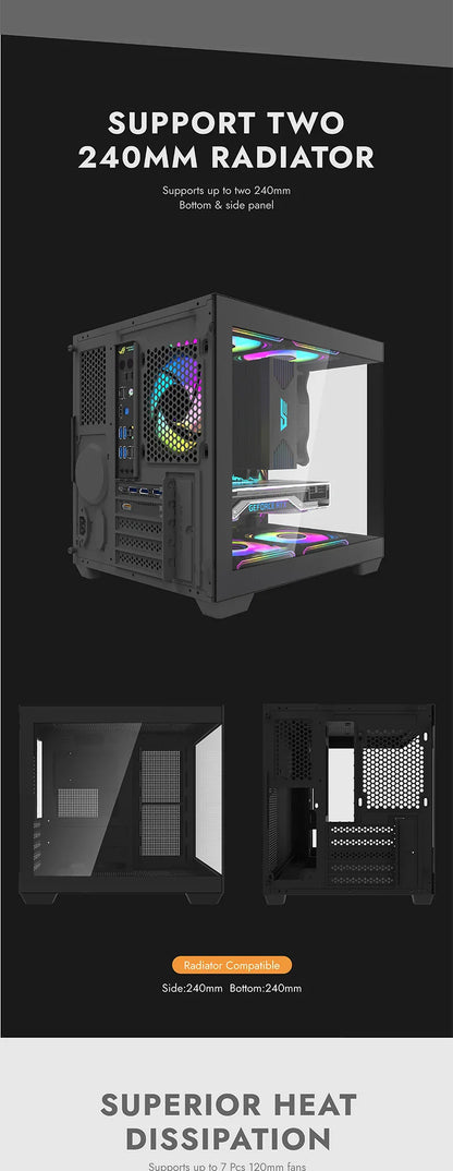 Aigo 275P Gaming PC Case — Sea View M-ATX/ITX Desktop with Double-Sided Tempered Glass