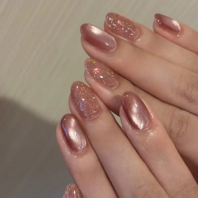 24PCS Glossy Red Cat Eye Press-On Nails Almond Full Cover Reusable Fake Nail Set