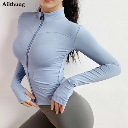 Performance & Style: Aiithuug Women's Full Zip-up Yoga Sports Jacket - Slim Fit Lightweight with Thumb Holes for Workout and Running