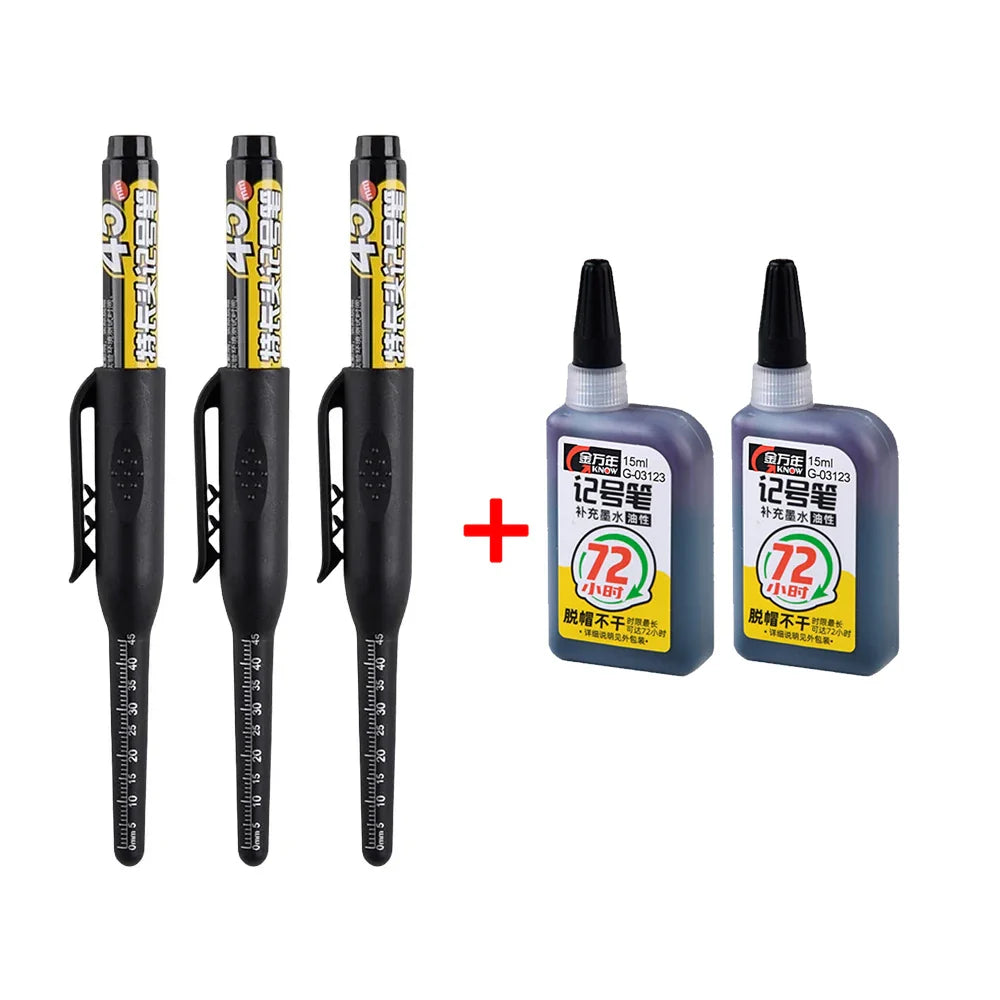 45mm Deep Hole Marker Pen - Waterproof Long Nib Carpenter Pen for Woodworking, Black/Blue/Red Ink