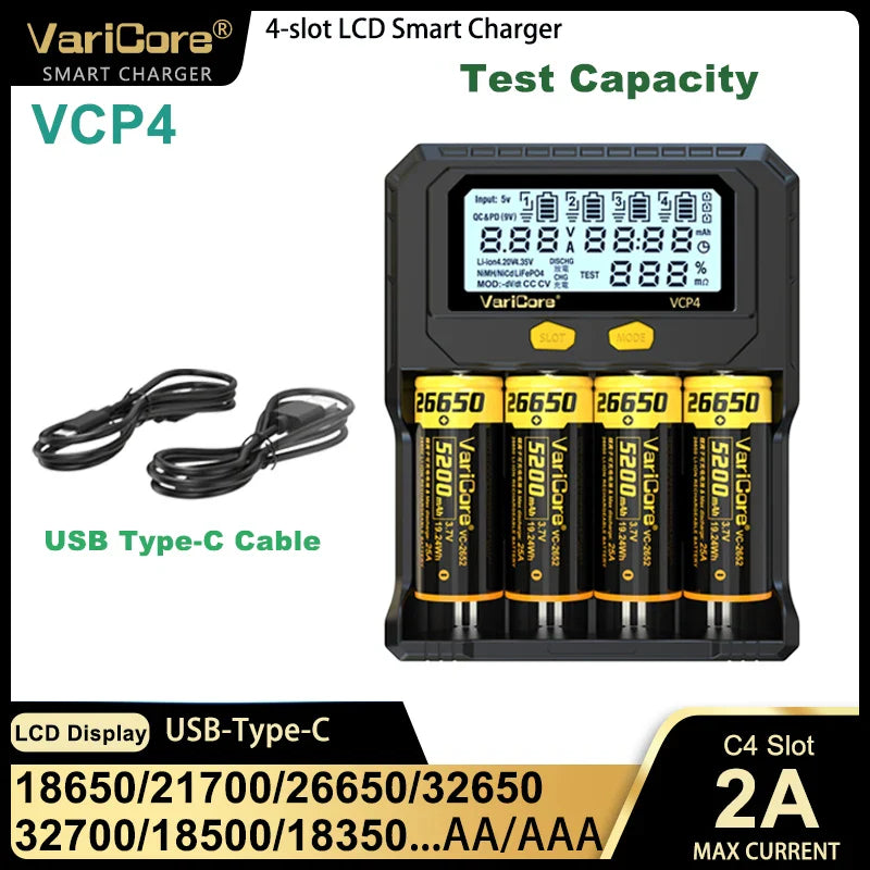 VariCore VCR4/VCP4 LCD Smart Battery Charger – Capacity Tester for 3.7V Li-Ion (18650, 21700, 26650), 3.2V LiFePO4 (32700), and 1.2V Ni-MH (AA/AAA)
