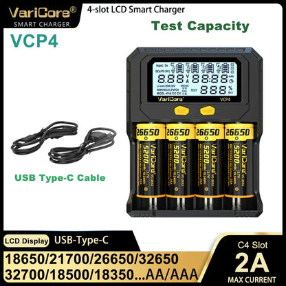 VariCore VCR4/VCP4 LCD Smart Battery Charger – Capacity Tester for 3.7V Li-Ion (18650, 21700, 26650), 3.2V LiFePO4 (32700), and 1.2V Ni-MH (AA/AAA)