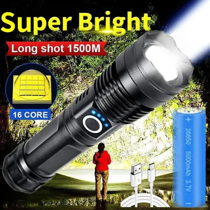 High Power XHP100 LED Flashlight - Rechargeable 4-Core Torch with Zoom, USB Hand Lantern for Camping, Outdoor and Emergency Use