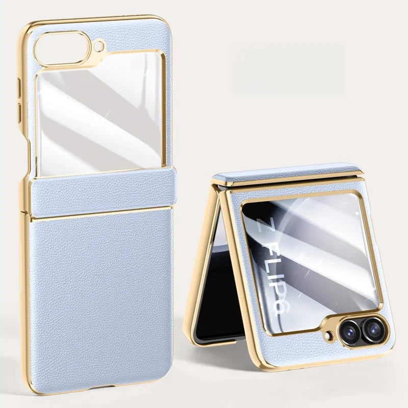 Electroplated Leather Case for Samsung Galaxy Z Flip 6/5 – Skin-Friendly Shockproof Hinge Cover with Tempered Film