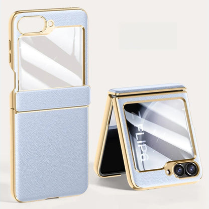 Electroplated Leather Case for Samsung Galaxy Z Flip 6/5 – Skin-Friendly Shockproof Hinge Cover with Tempered Film