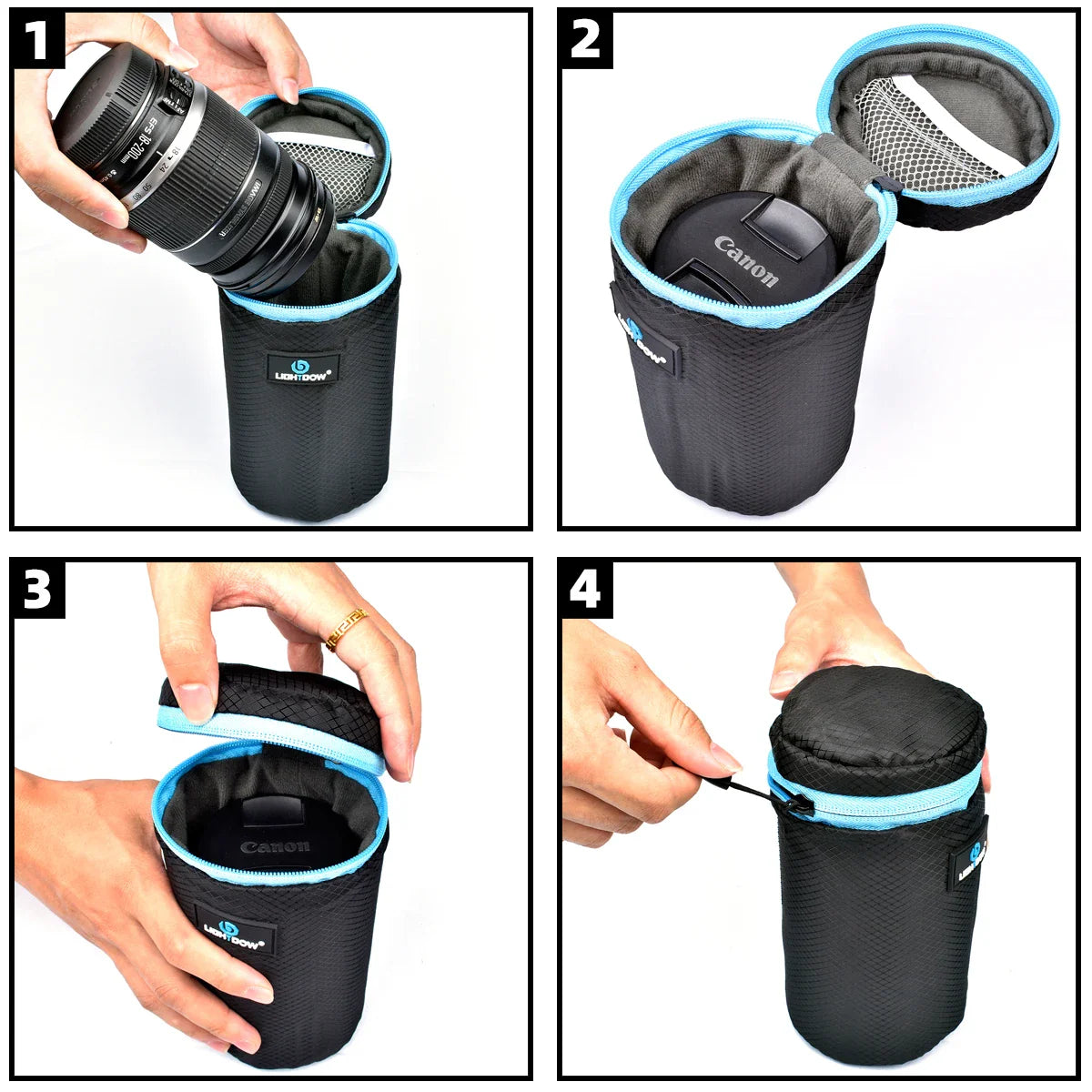 Lightdow 4-Size DSLR Lens Bag Set — Soft Protective Pouches S/M/L/XL for Camera Lenses