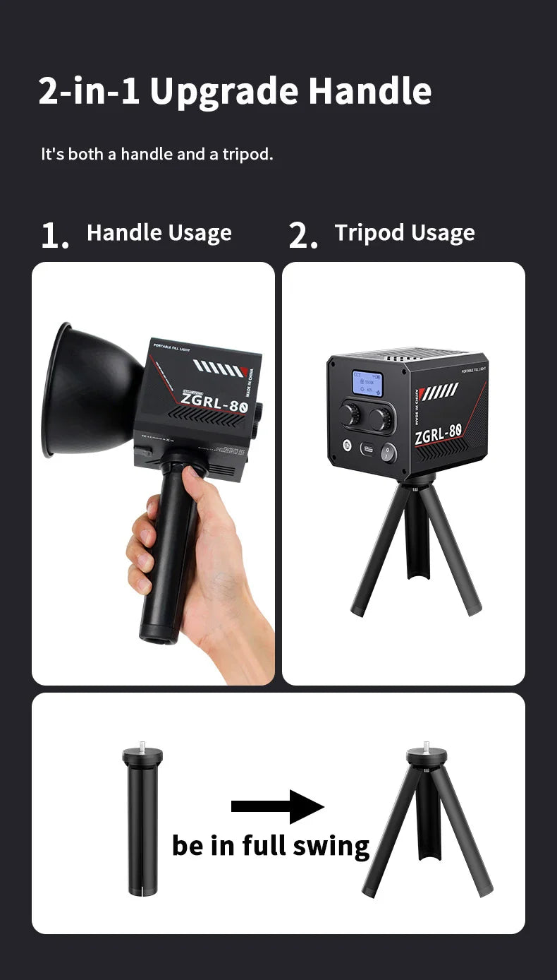 60W Pro Portable LED Video Light – COB Bi-Color Photography Light (2800K-7500K) for Livestreaming, Handheld Outdoor Shooting