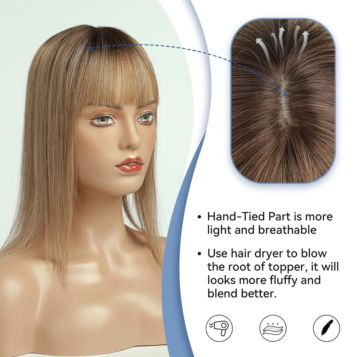 10" Brown Ombre Remy Human Hair Topper – Straight with Bangs, Silk Base, Clip-In Extension for Women